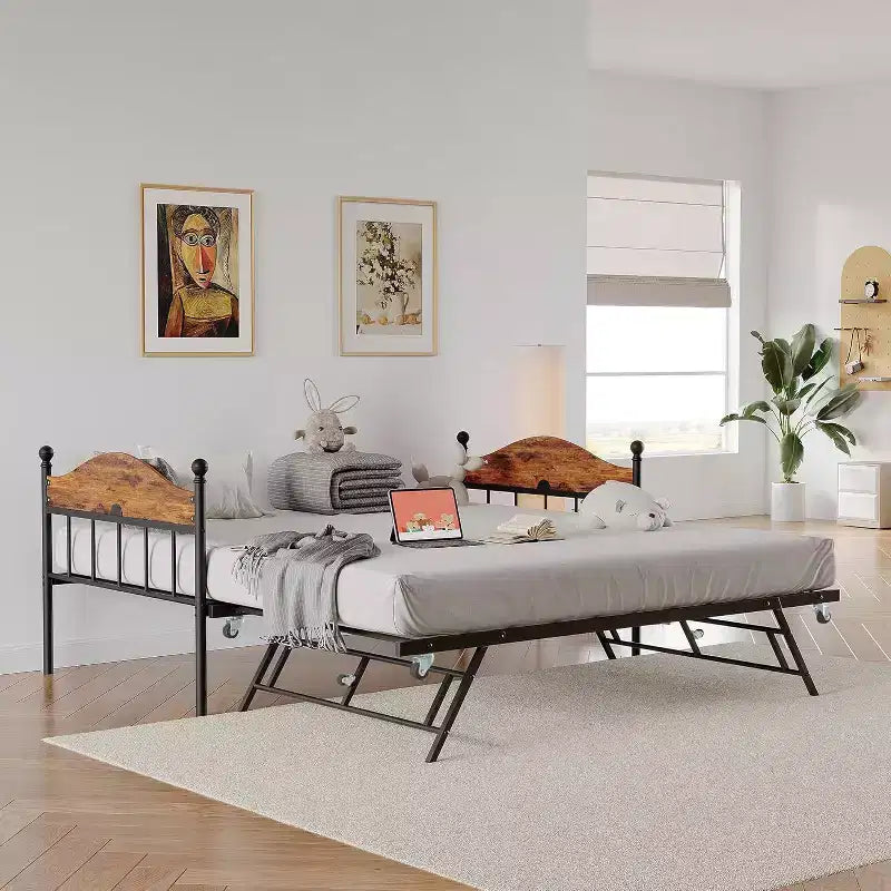 Twin Daybed with Trundle  Stylish Metal Sofa Bed Frame, Pop-Up Trundle, Perfect for Any Space