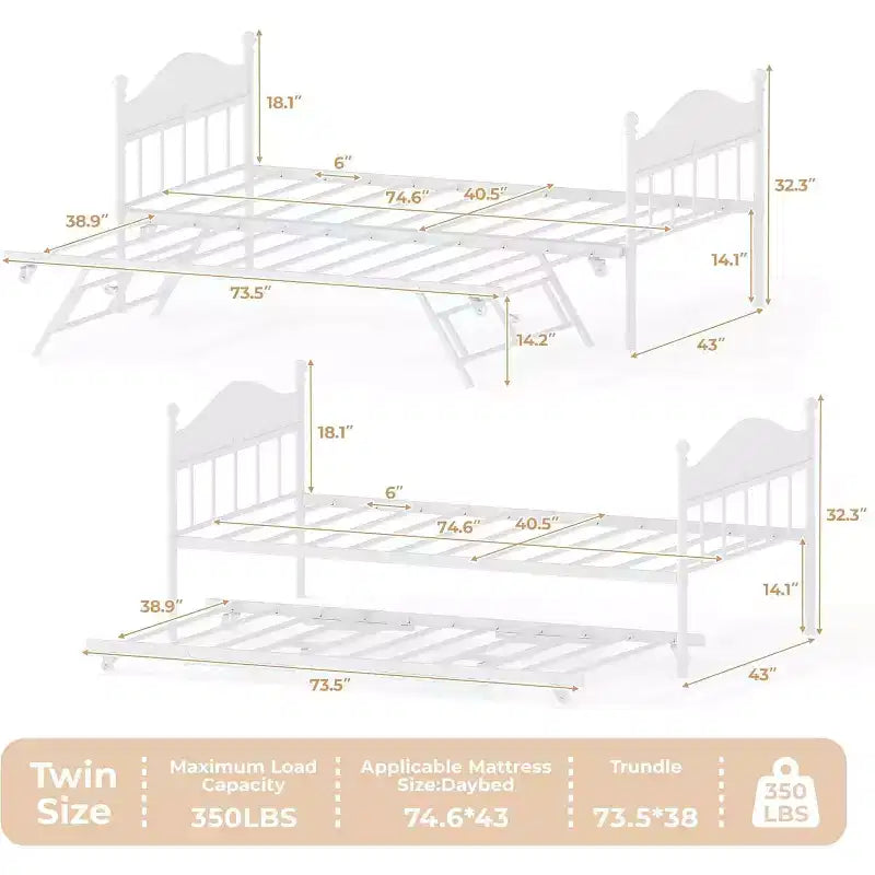 Twin Daybed with Trundle  Stylish Metal Sofa Bed Frame, Pop-Up Trundle, Perfect for Any Space