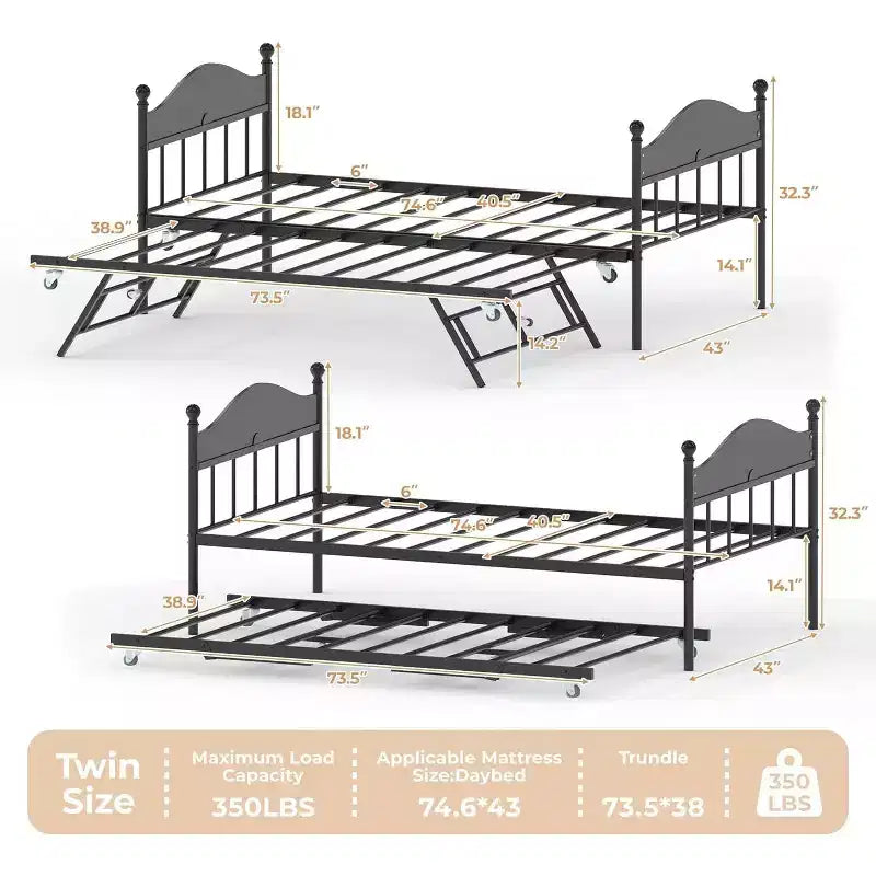 Twin Daybed with Trundle  Stylish Metal Sofa Bed Frame, Pop-Up Trundle, Perfect for Any Space