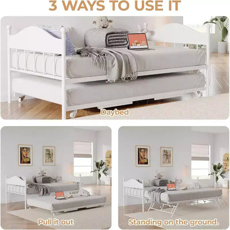 Twin Daybed with Trundle  Stylish Metal Sofa Bed Frame, Pop-Up Trundle, Perfect for Any Space
