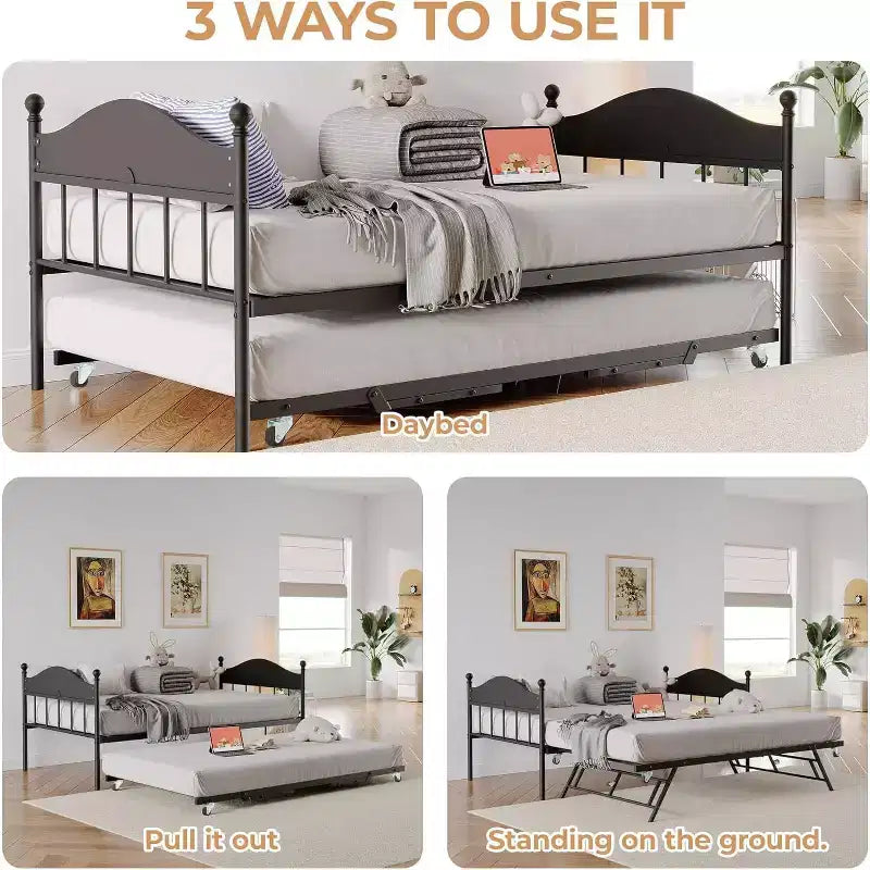 Twin Daybed with Trundle  Stylish Metal Sofa Bed Frame, Pop-Up Trundle, Perfect for Any Space