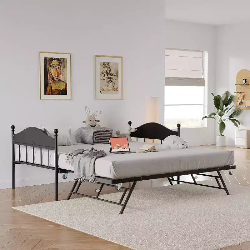Twin Daybed with Trundle  Stylish Metal Sofa Bed Frame, Pop-Up Trundle, Perfect for Any Space