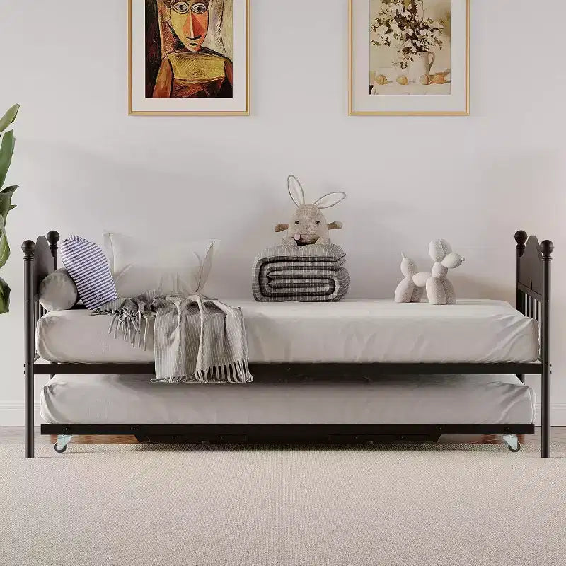 Twin Daybed with Trundle  Stylish Metal Sofa Bed Frame, Pop-Up Trundle, Perfect for Any Space