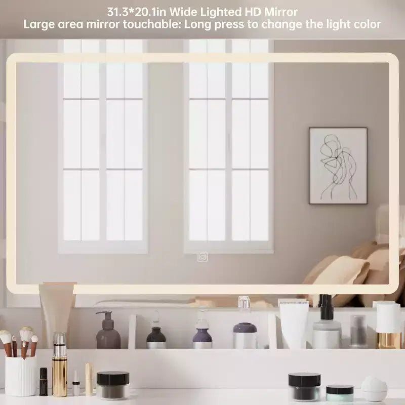 Homesflex Modern White Makeup Vanity Desk with Adjustable Lights, Mirror, and Storage - Complete Vanity Set with Drawers, Shelves, and Stool