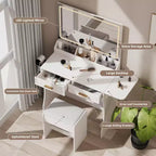 Homesflex Modern White Makeup Vanity Desk with Adjustable Lights, Mirror, and Storage - Complete Vanity Set with Drawers, Shelves, and Stool