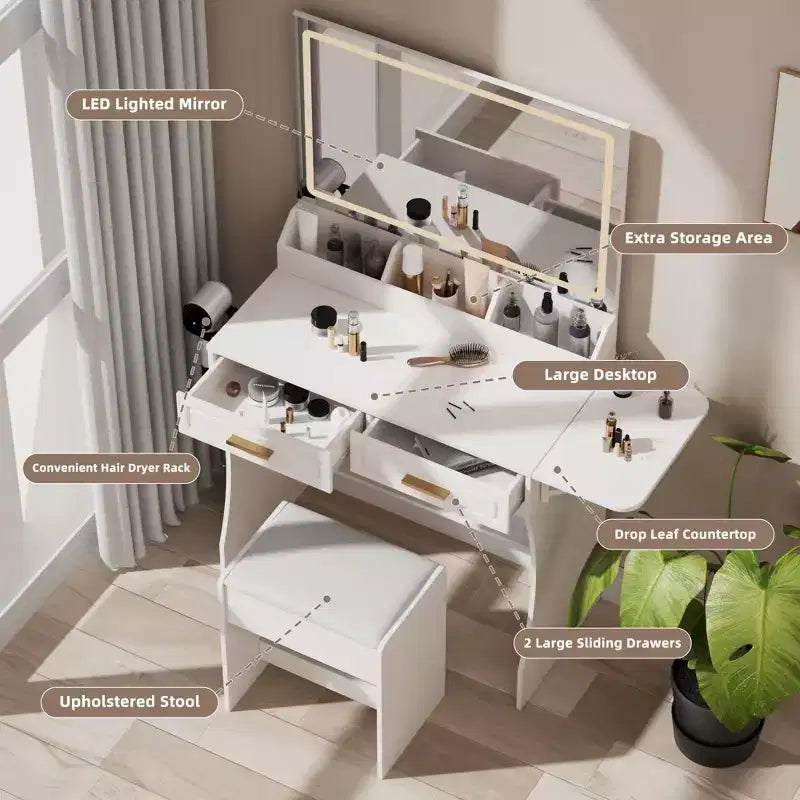 Homesflex Modern White Makeup Vanity Desk with Adjustable Lights, Mirror, and Storage - Complete Vanity Set with Drawers, Shelves, and Stool