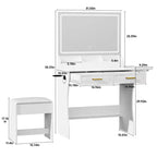 Homesflex Modern White Makeup Vanity Desk with Adjustable Lights, Mirror, and Storage - Complete Vanity Set with Drawers, Shelves, and Stool