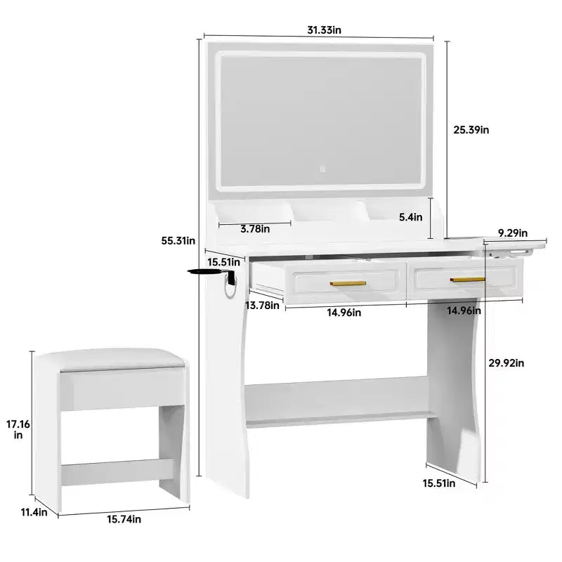 Homesflex Modern White Makeup Vanity Desk with Adjustable Lights, Mirror, and Storage - Complete Vanity Set with Drawers, Shelves, and Stool