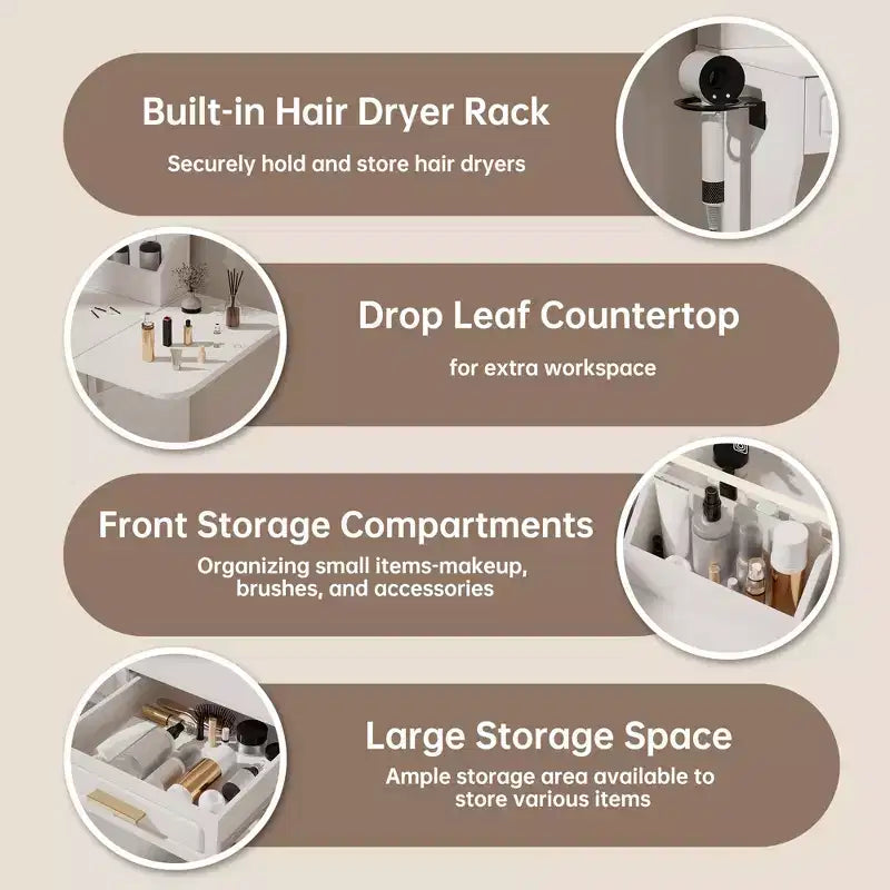 Homesflex Modern White Makeup Vanity Desk with Adjustable Lights, Mirror, and Storage - Complete Vanity Set with Drawers, Shelves, and Stool