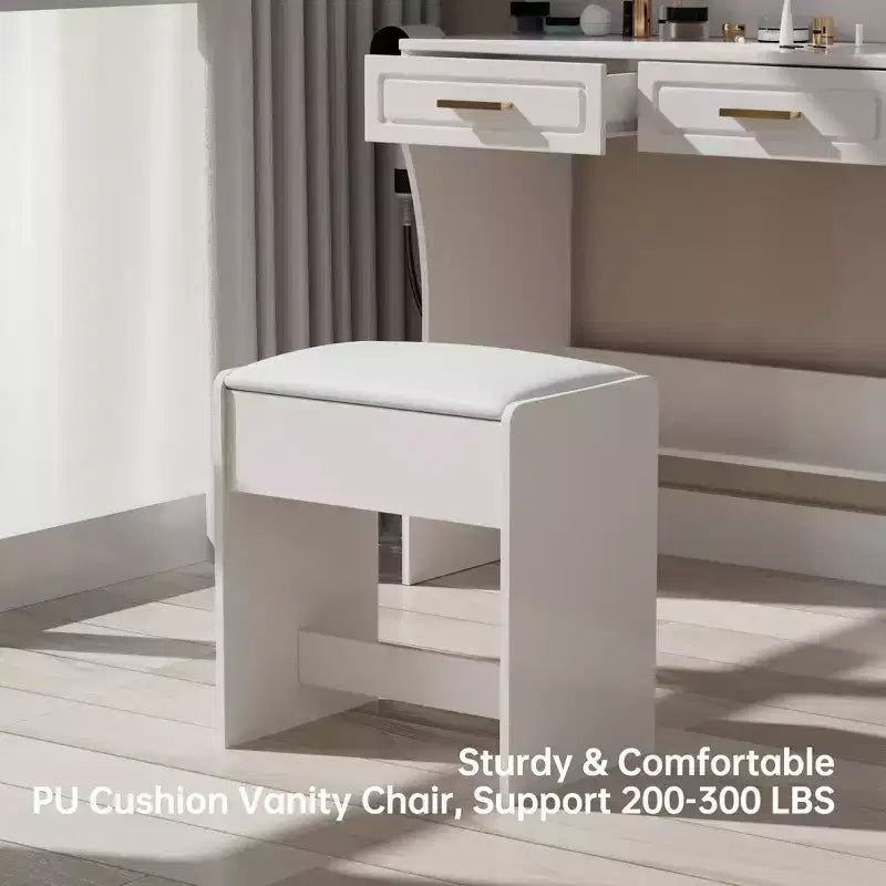 Homesflex Modern White Makeup Vanity Desk with Adjustable Lights, Mirror, and Storage - Complete Vanity Set with Drawers, Shelves, and Stool