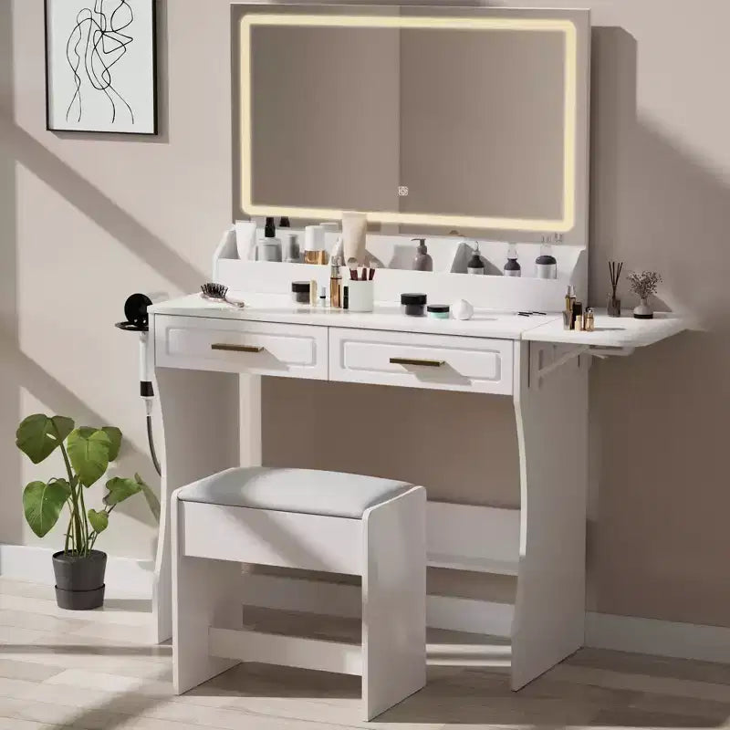 Homesflex Modern White Makeup Vanity Desk with Adjustable Lights, Mirror, and Storage - Complete Vanity Set with Drawers, Shelves, and Stool