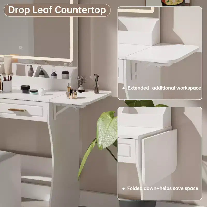 Homesflex Modern White Makeup Vanity Desk with Adjustable Lights, Mirror, and Storage - Complete Vanity Set with Drawers, Shelves, and Stool
