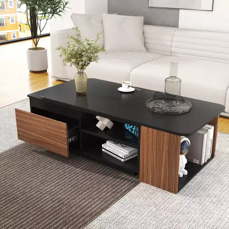 Extendable Coffee Table Cocktail Table Adjustable Wood Center Table Side Table with 2 Storage Drawers, Black+Walnut Brown-ModernLuxe