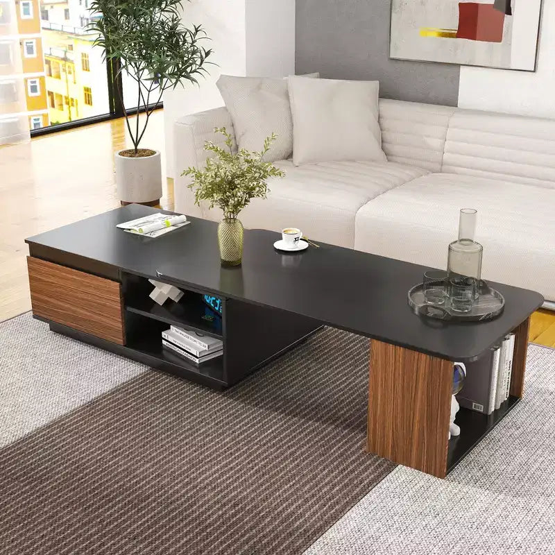 Extendable Coffee Table Cocktail Table Adjustable Wood Center Table Side Table with 2 Storage Drawers, Black+Walnut Brown-ModernLuxe