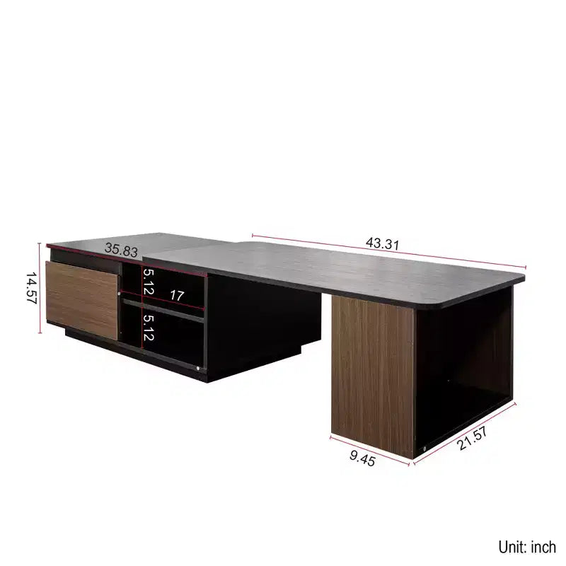 Extendable Coffee Table Cocktail Table Adjustable Wood Center Table Side Table with 2 Storage Drawers, Black+Walnut Brown-ModernLuxe