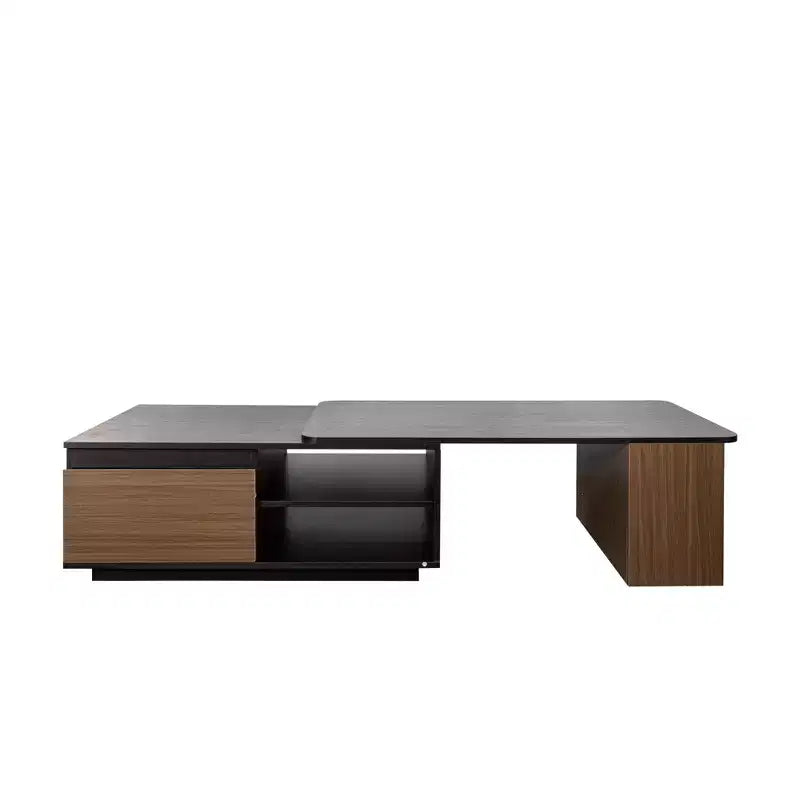 Extendable Coffee Table Cocktail Table Adjustable Wood Center Table Side Table with 2 Storage Drawers, Black+Walnut Brown-ModernLuxe
