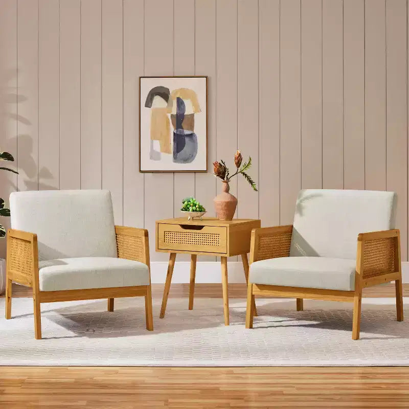 Yaheetech Set of 2 Upholstered Accent Chairs with Rattan Sides for Living Rooms, Bedrooms