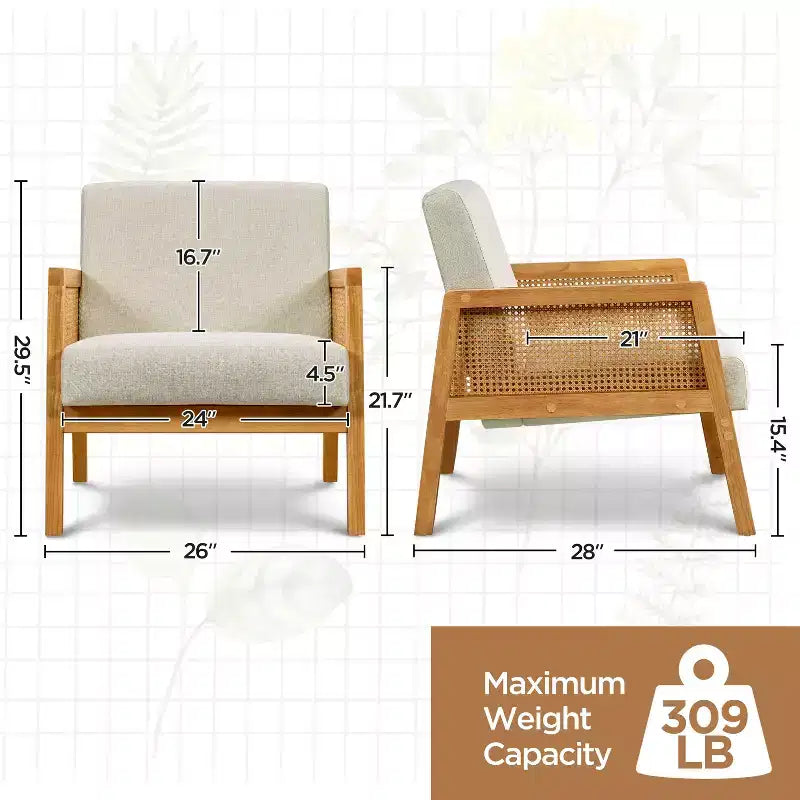 Yaheetech Set of 2 Upholstered Accent Chairs with Rattan Sides for Living Rooms, Bedrooms