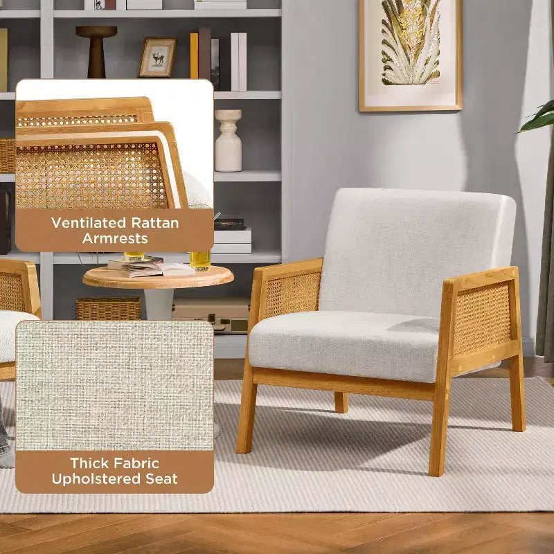 Yaheetech Set of 2 Upholstered Accent Chairs with Rattan Sides for Living Rooms, Bedrooms