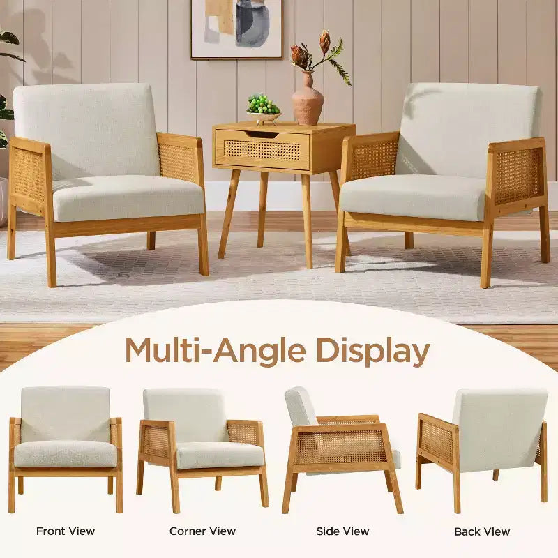 Yaheetech Set of 2 Upholstered Accent Chairs with Rattan Sides for Living Rooms, Bedrooms