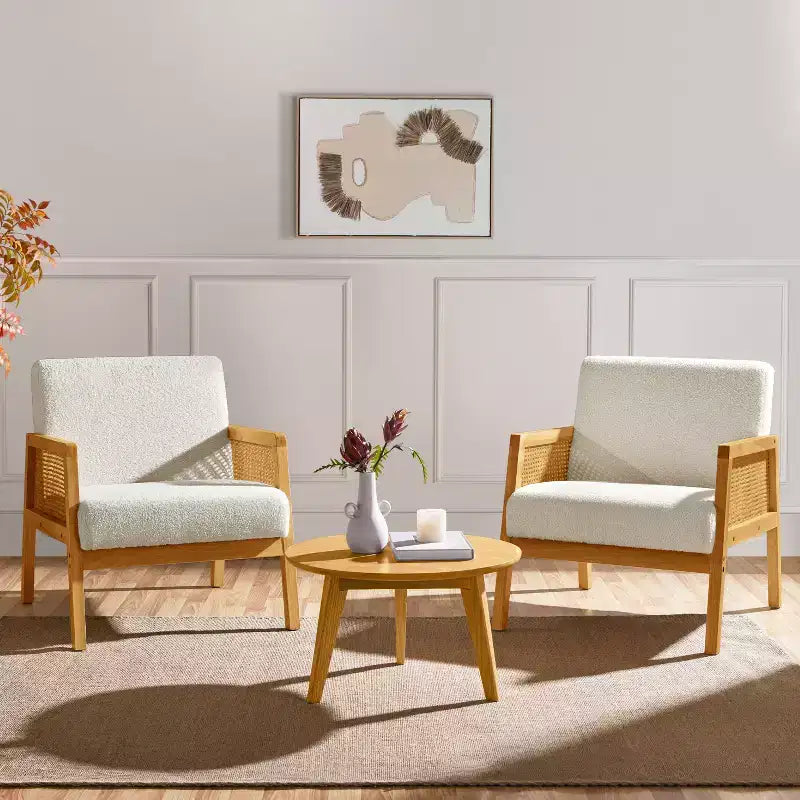 Yaheetech Set of 2 Upholstered Accent Chairs with Rattan Sides for Living Rooms, Bedrooms