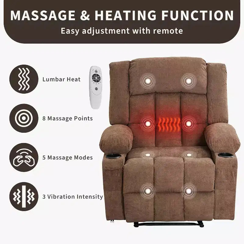 Heated Massage Recliner Chair  Oversized Rocker w/Remote, 3-Position Adjustable, Cup Holders & Lumbar Support for Big & Tall