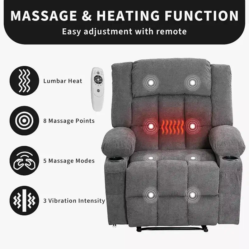 Heated Massage Recliner Chair  Oversized Rocker w/Remote, 3-Position Adjustable, Cup Holders & Lumbar Support for Big & Tall