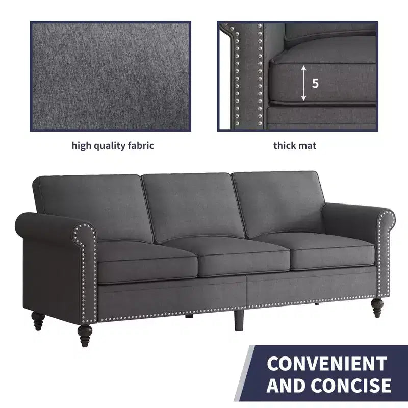 Mjkone Linen Fabric Modern 3-Seater Sofa Couch with Rivet Design