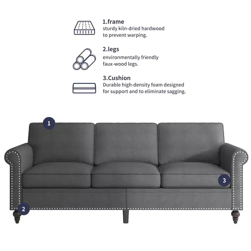 Mjkone Linen Fabric Modern 3-Seater Sofa Couch with Rivet Design