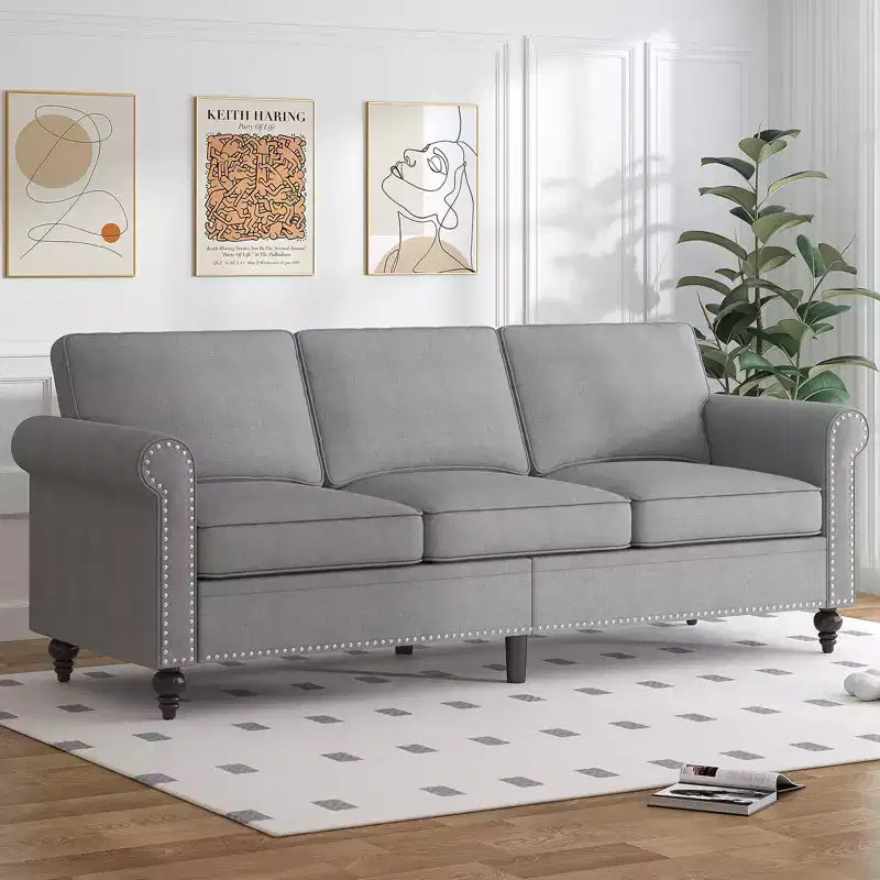 Mjkone Linen Fabric Modern 3-Seater Sofa Couch with Rivet Design