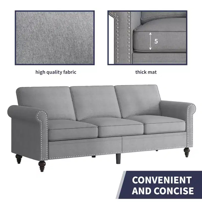 Mjkone Linen Fabric Modern 3-Seater Sofa Couch with Rivet Design