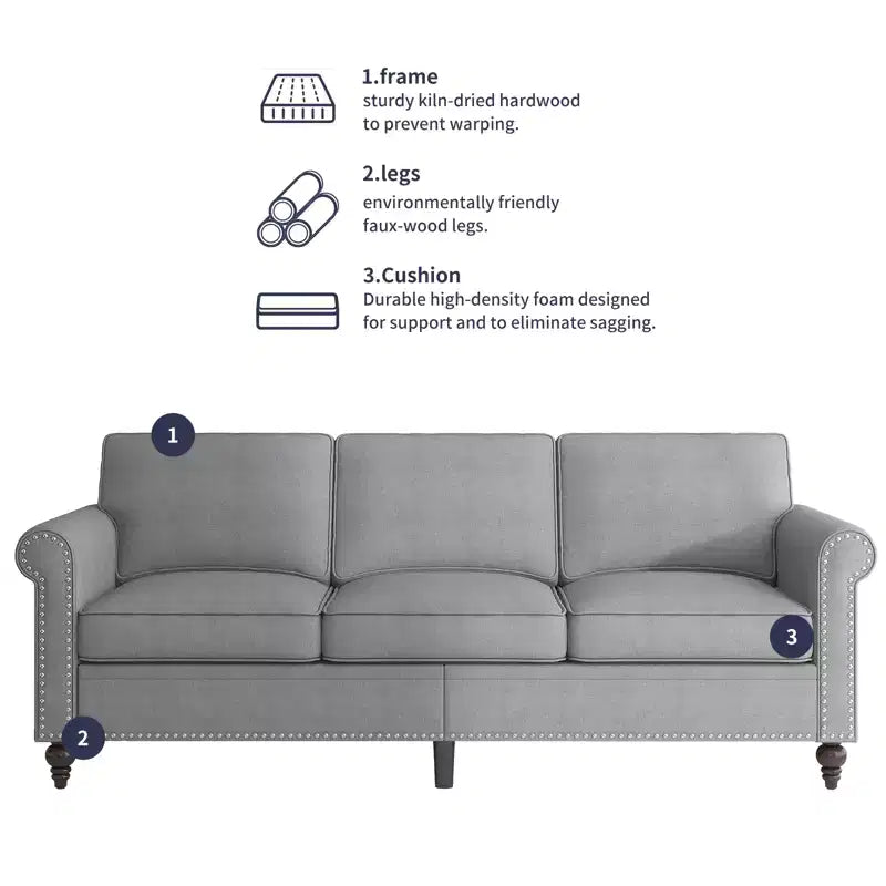 Mjkone Linen Fabric Modern 3-Seater Sofa Couch with Rivet Design
