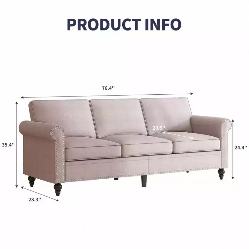Mjkone Linen Fabric Modern 3-Seater Sofa Couch with Rivet Design