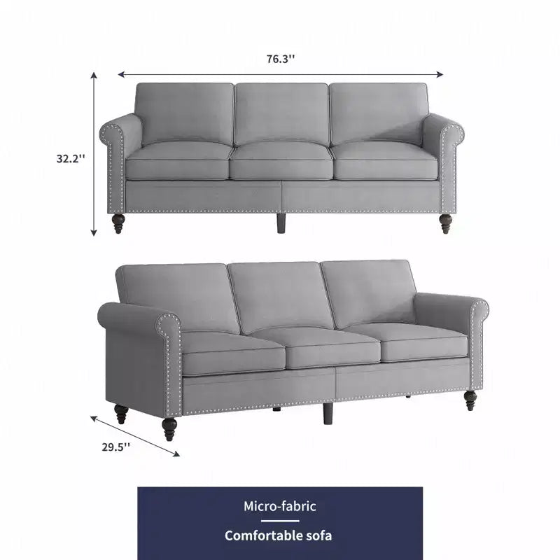 Mjkone Linen Fabric Modern 3-Seater Sofa Couch with Rivet Design