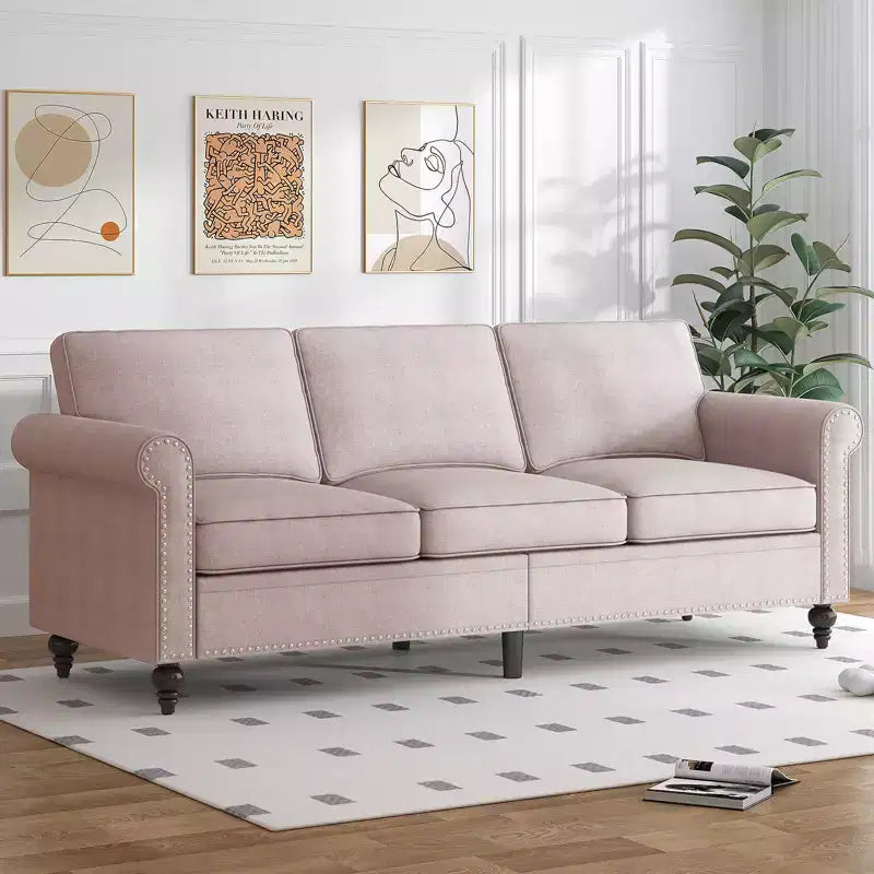 Mjkone Linen Fabric Modern 3-Seater Sofa Couch with Rivet Design