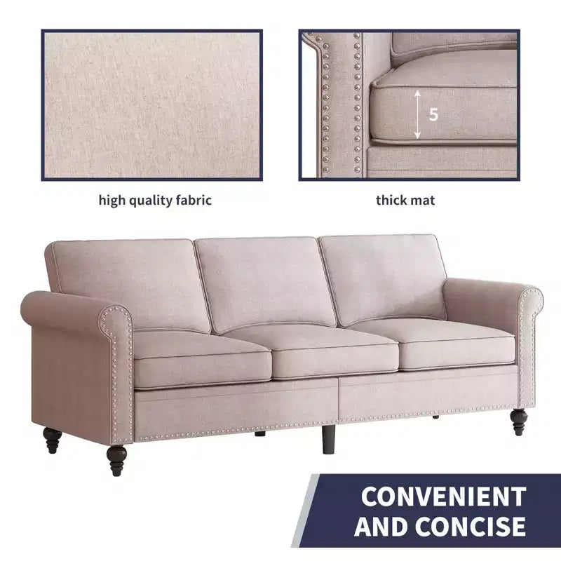 Mjkone Linen Fabric Modern 3-Seater Sofa Couch with Rivet Design