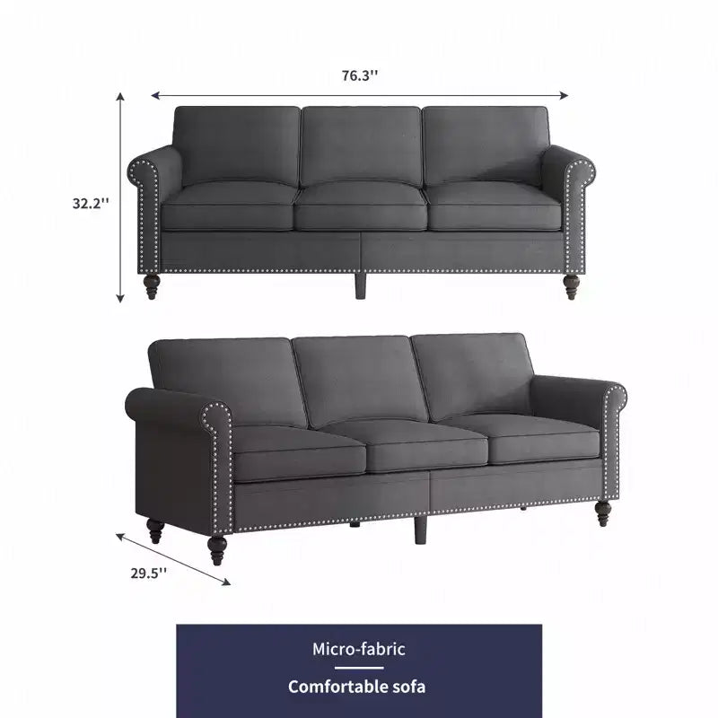 Mjkone Linen Fabric Modern 3-Seater Sofa Couch with Rivet Design