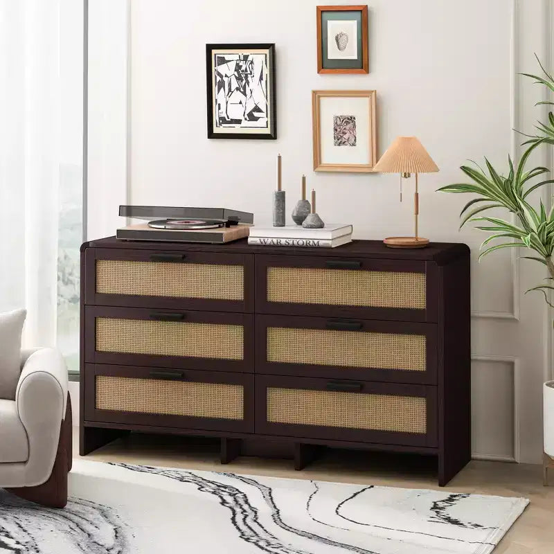 6 Drawers Rattan Dresser Chest, Arc Shaped Corner Rattan Storage Cabinet for Living Room Bedroom -ModernLuxe