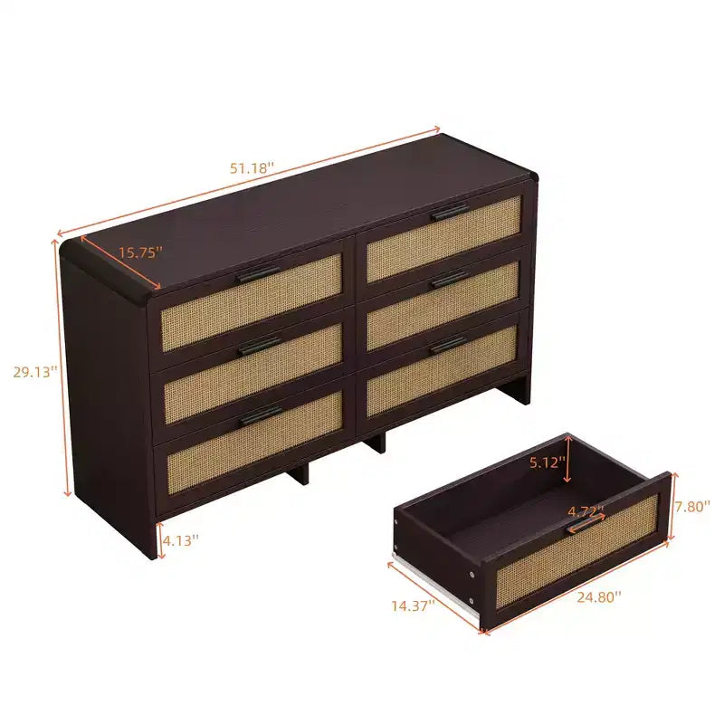 6 Drawers Rattan Dresser Chest, Arc Shaped Corner Rattan Storage Cabinet for Living Room Bedroom -ModernLuxe