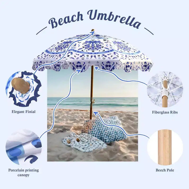 LAGarden Our Beach Portable Umbrella for Sand Beech Wood Pole Carry Bag