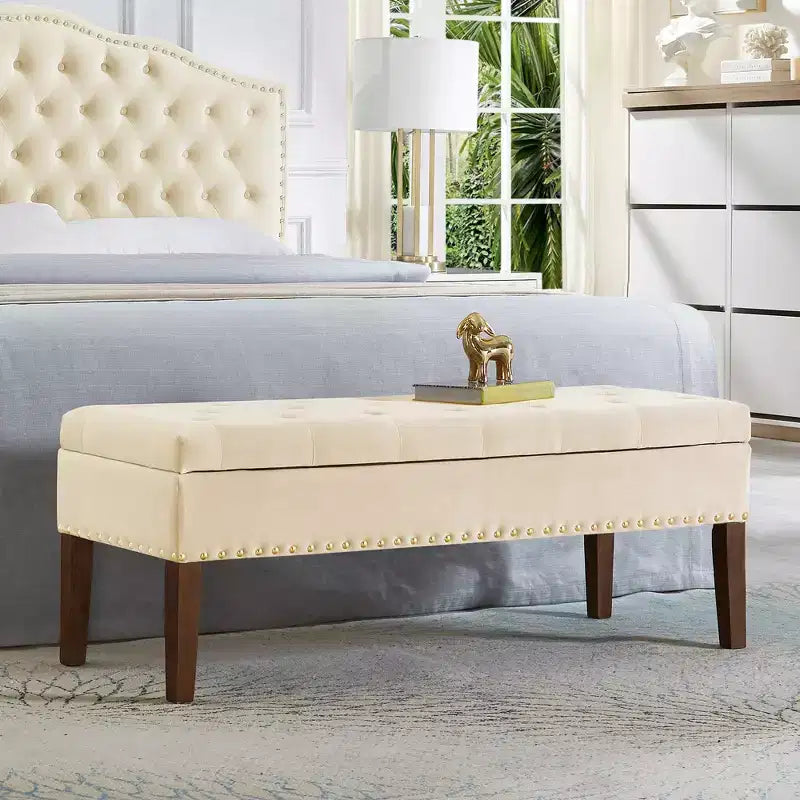 GDFStudio Peter Velvet Tufted Upholstered 48 Ottoman with Nail and Wood Legs