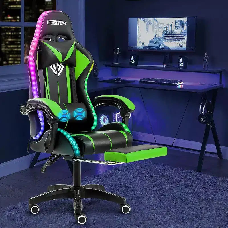 Hoffree Comfort Massage Racing Gaming Chair Ergonomic Office PC Chair with Footrest & RGB Light