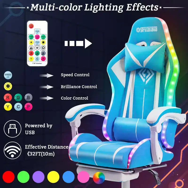 Hoffree Comfort Massage Racing Gaming Chair Ergonomic Office PC Chair with Footrest & RGB Light
