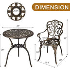 3-Piece Outdoor Bistro Set, All-Weather Cast Aluminum Patio Table+Chairs w/Umbrella Hole for Yard, Garden, Balcony, and Poolside Use