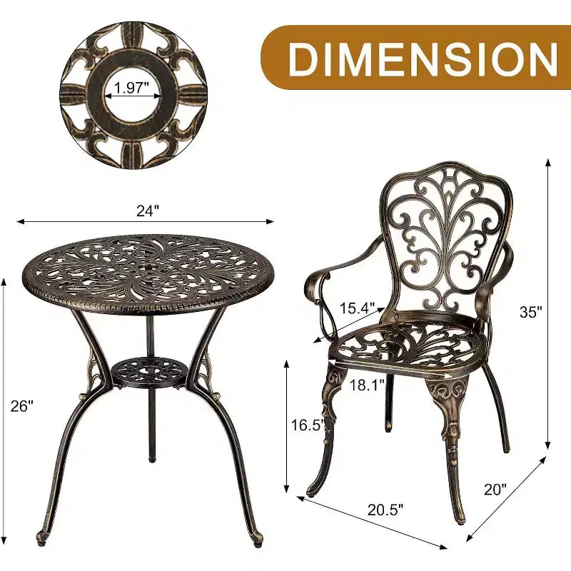 3-Piece Outdoor Bistro Set, All-Weather Cast Aluminum Patio Table+Chairs w/Umbrella Hole for Yard, Garden, Balcony, and Poolside Use