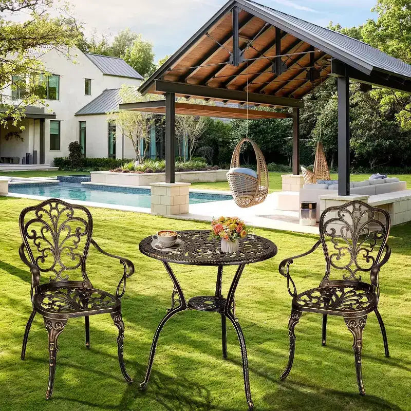 3-Piece Outdoor Bistro Set, All-Weather Cast Aluminum Patio Table+Chairs w/Umbrella Hole for Yard, Garden, Balcony, and Poolside Use