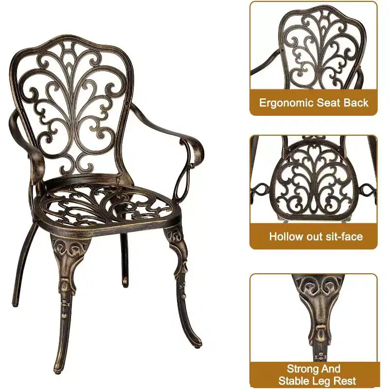 3-Piece Outdoor Bistro Set, All-Weather Cast Aluminum Patio Table+Chairs w/Umbrella Hole for Yard, Garden, Balcony, and Poolside Use