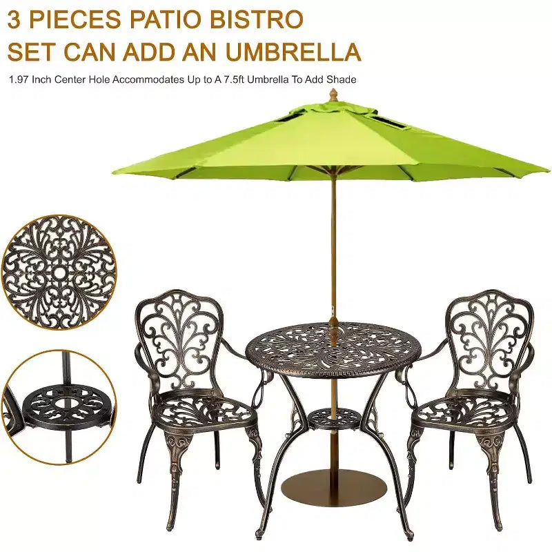 3-Piece Outdoor Bistro Set, All-Weather Cast Aluminum Patio Table+Chairs w/Umbrella Hole for Yard, Garden, Balcony, and Poolside Use