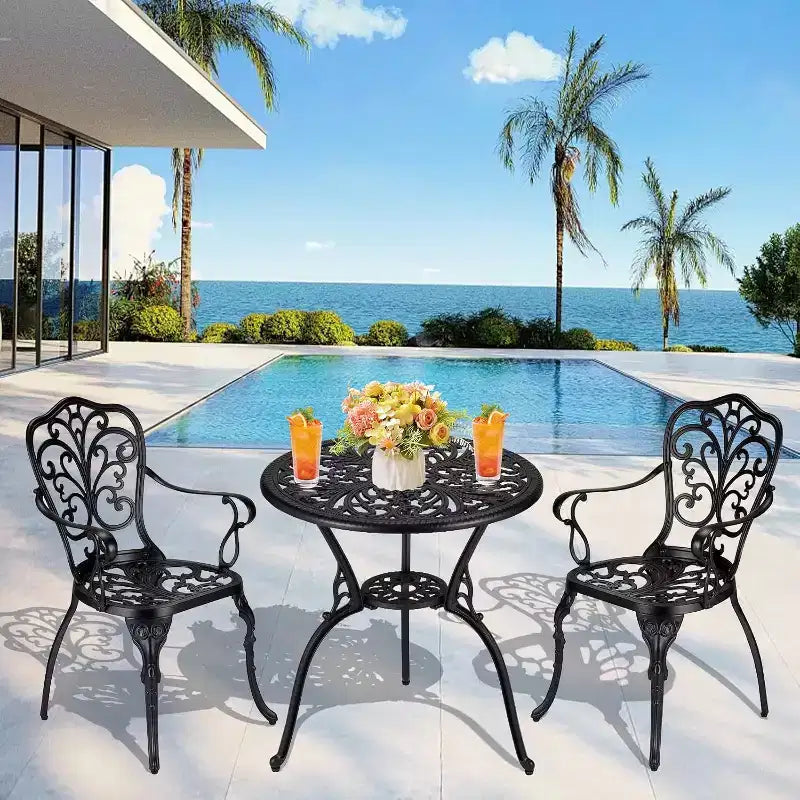 3-Piece Outdoor Bistro Set, All-Weather Cast Aluminum Patio Table+Chairs w/Umbrella Hole for Yard, Garden, Balcony, and Poolside Use