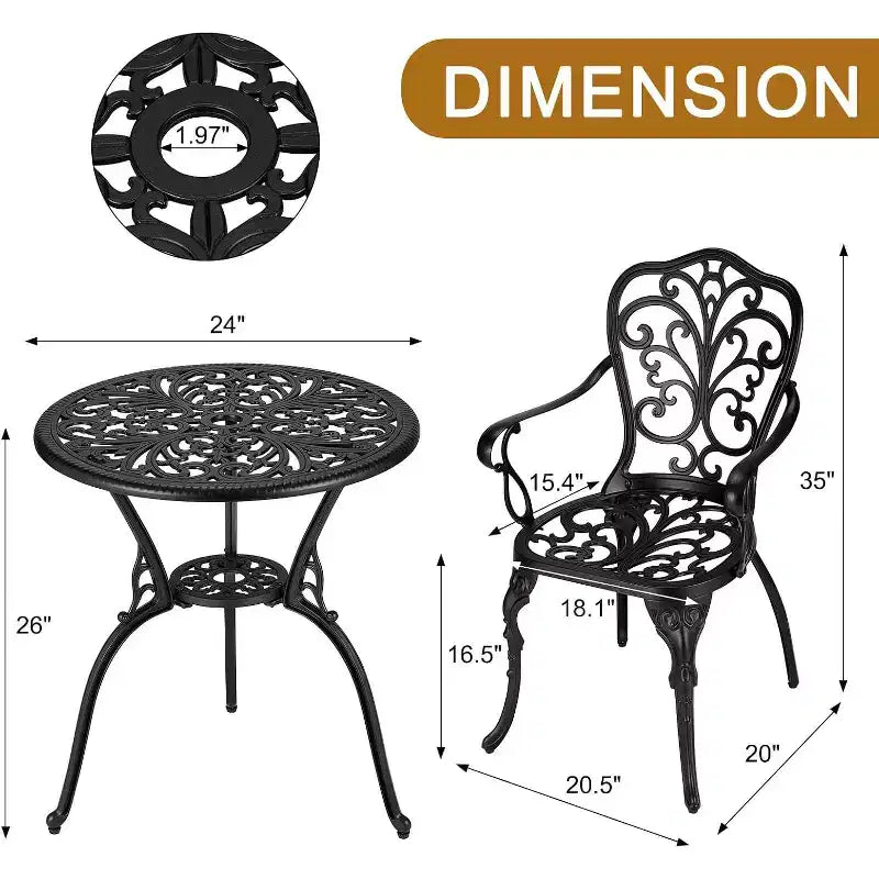 3-Piece Outdoor Bistro Set, All-Weather Cast Aluminum Patio Table+Chairs w/Umbrella Hole for Yard, Garden, Balcony, and Poolside Use